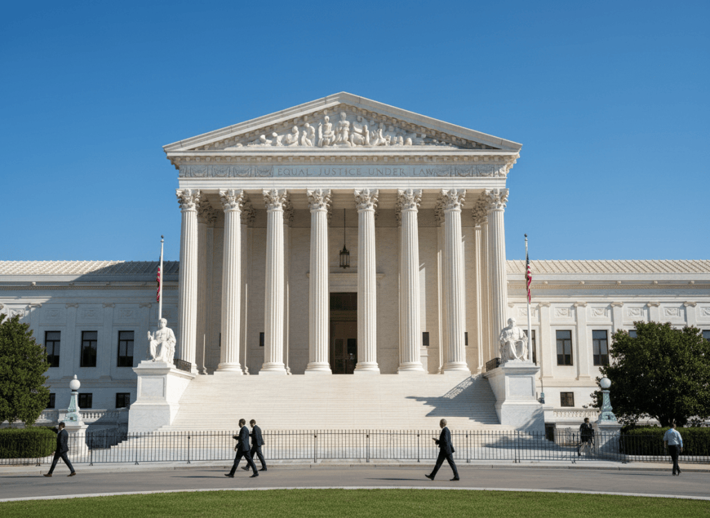 The exterior of the United States Supreme Court building in Washington D.C., with its iconic white marble columns and steps, under a clear sky, photorealistic news photography style